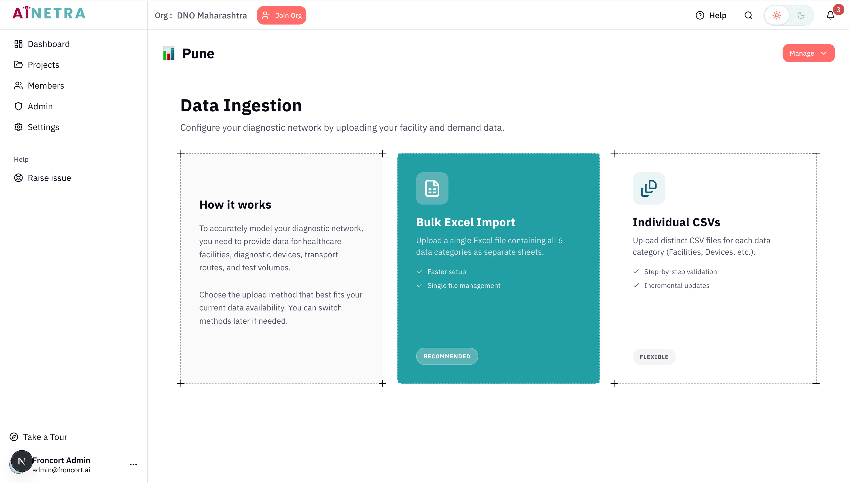 AI-DNO data ingestion — bulk Excel import and CSV upload options