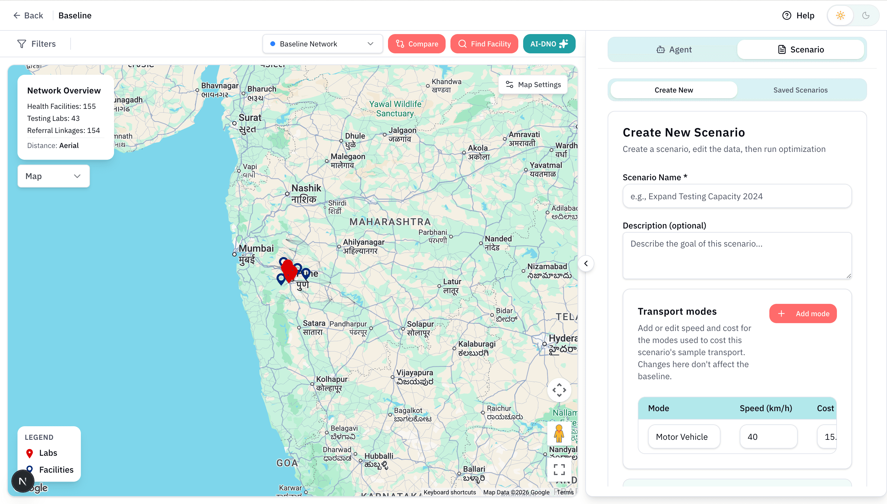 AI-DNO scenario builder with network map — create and optimize scenarios
